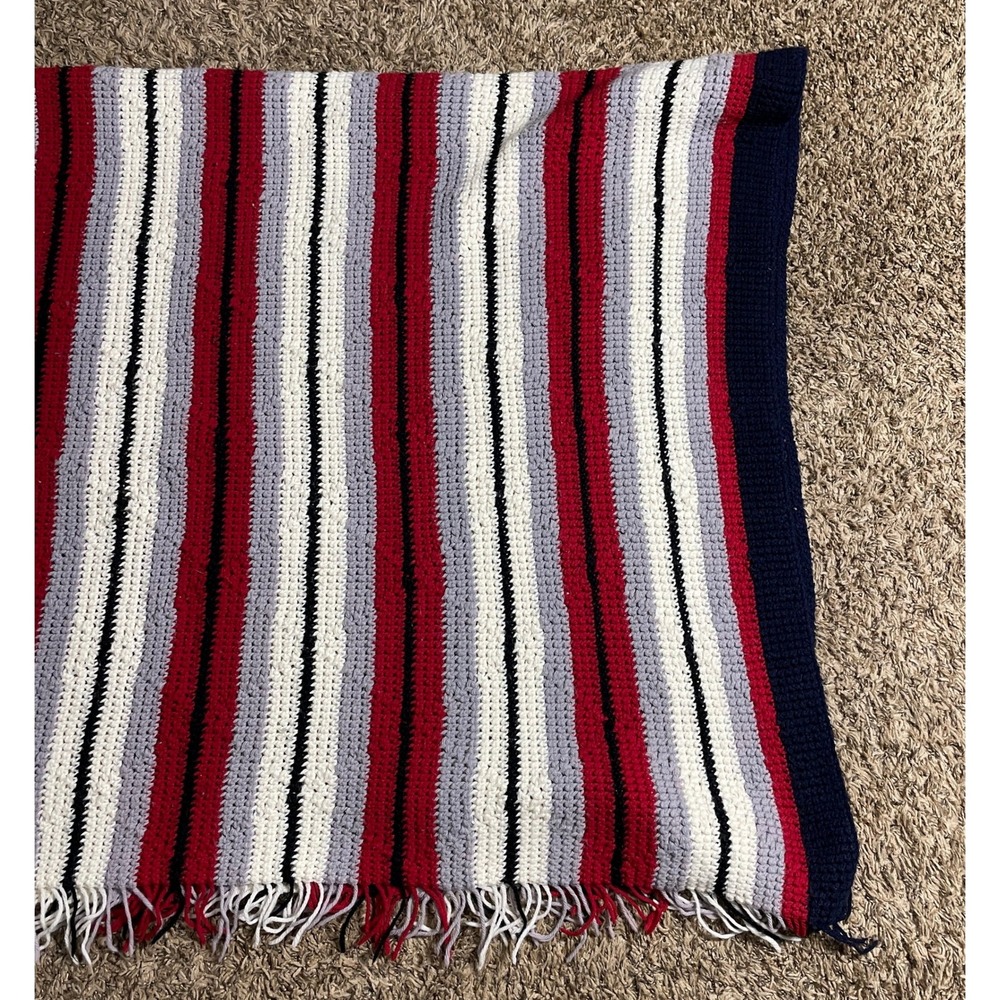 Striped Crocheted Throw Afghan Blanket Red Gray White Black Home Decor‎